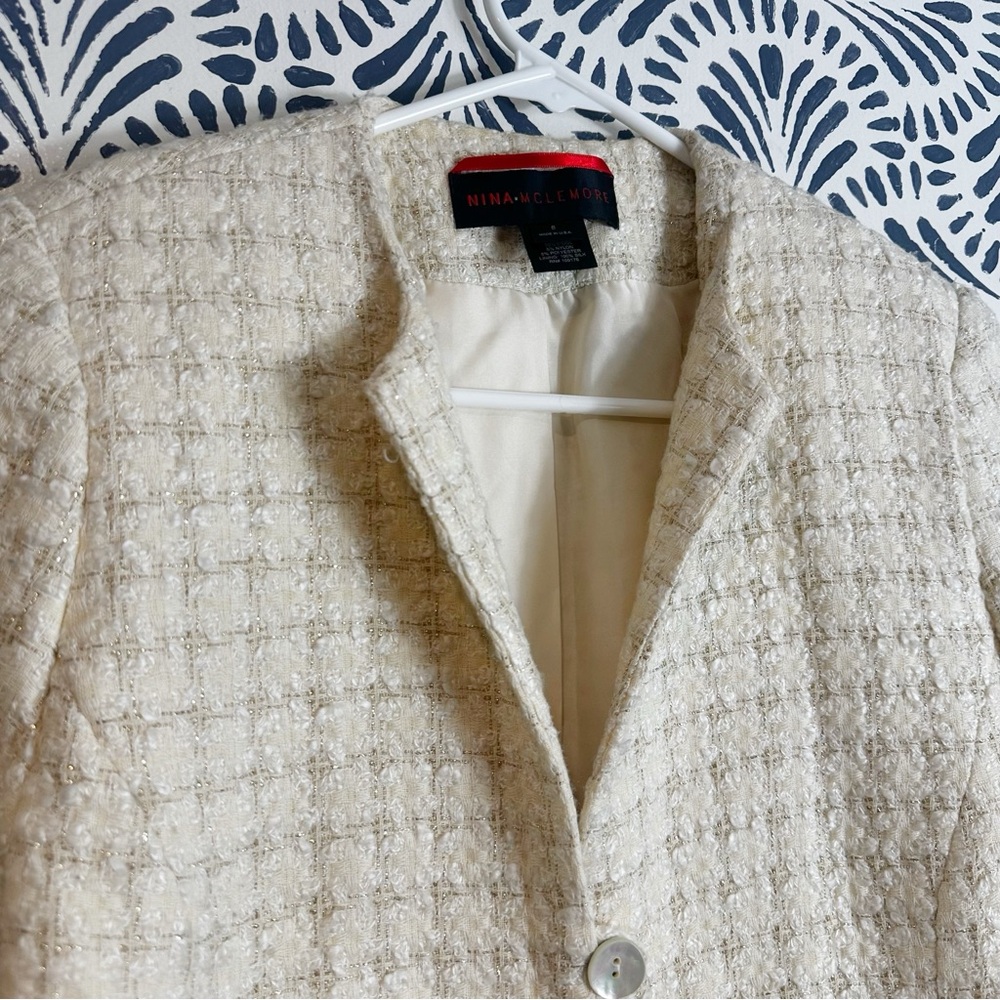 Nina McLemore Metallic Stitch Windowpane Tweed Ivory Silk Lined Blazer - Picture 4 of 16